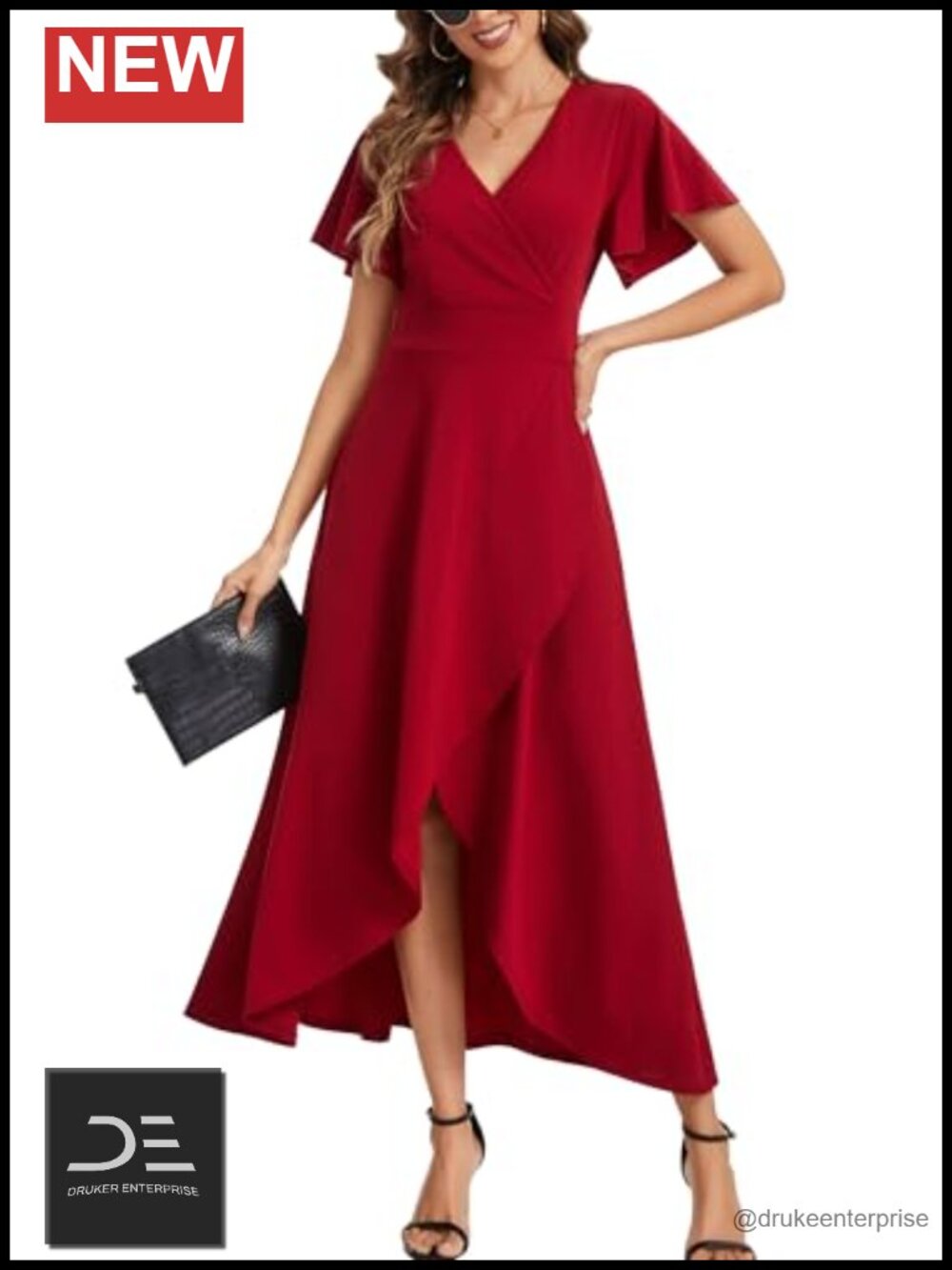 V Neck Ruffle Wrap Slit Maxi Formal Cocktail Dress